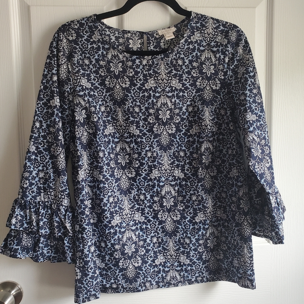 J. Crew 100% Cotton Navy Floral Pasiley Ruffle Top